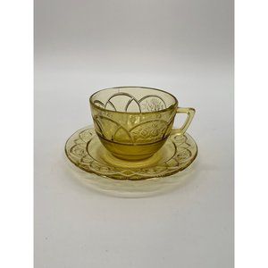 Vtg. Federal Depression Glass Rosemary Dutch Rose Amber Tea Cup with Saucer 4"